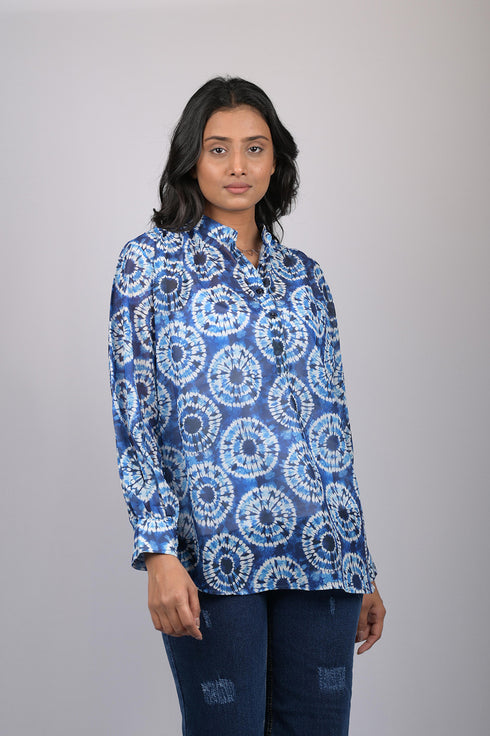 top for women stylish tops western wear trending top Blue Printed Long Sleeves Top (OTL-TPS1078)
